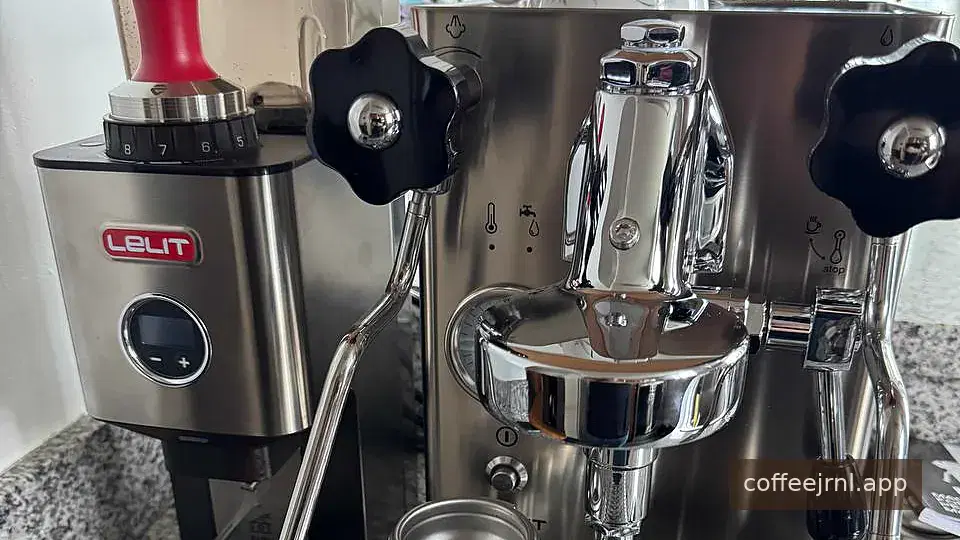 A Lelit espresso machine and grinder prepared for dialing in a shot.