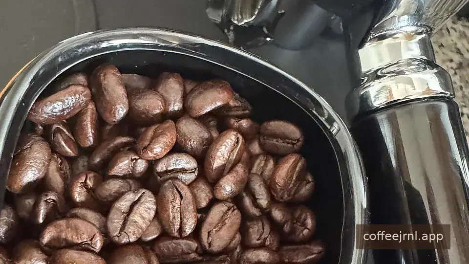 Coffee beans beside an espresso portafilter.